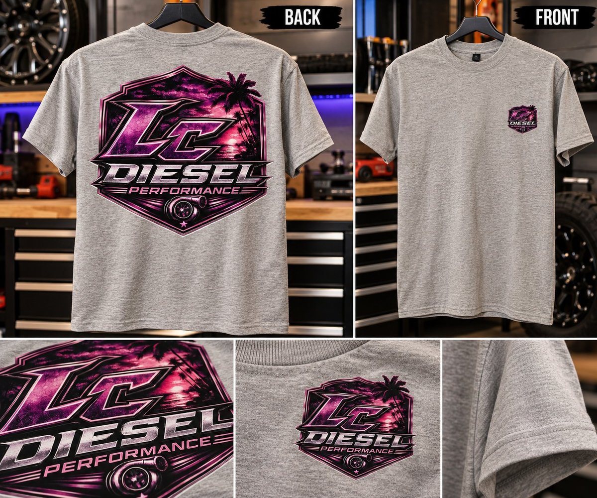 Gray t-shirt with LC Diesel Performance logo shown front and back views, displaying pink and purple graphic design on neon garage background